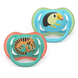 AVENT Ultra Air Happy залъгалки ортодонтски 6-18м, с дизайн тигър/тукан, в кутия за стерилизиране 0648.001