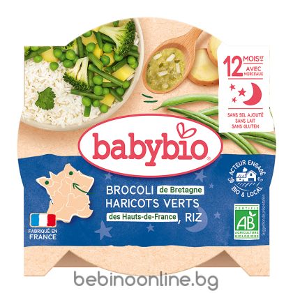BABYBIO БИО  Меню „Лека нощ“ с Броколи, Зелен фасул, Пащърнак и Ориз, 230г