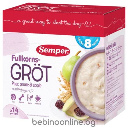 SEMPER Пълнозърнеста МЛЕЧНА каша със сини сливи и круши 8+ мес.480г. код 6931