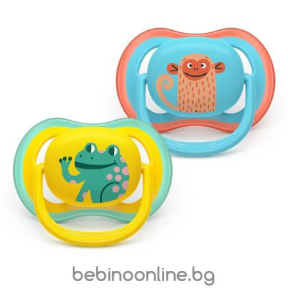 AVENT Ultra Air Happy залъгалки ортодонтски,18м+, с дизайн маймунка/жаба , в кутия за стерилизиране 0653.001