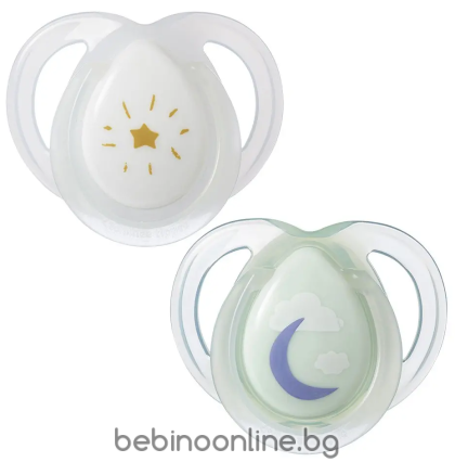 TOMMEE TIPPEE Ортодонтични залъгалки  Night Time, 0-6 м, 2 броя, звезда/луна 0248