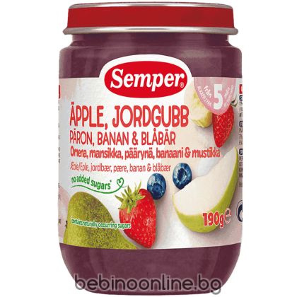 SEMPER  бебешко пюре Ягода , ябълка, круша, банан и боровинка, 100% плод, 5м, 190 гр. 9834