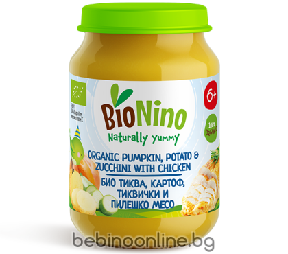 BIO NINO  Био  бебешко пюре Тиква, картоф, тиквички и пилешко месо 6м+ 190гр.   2317