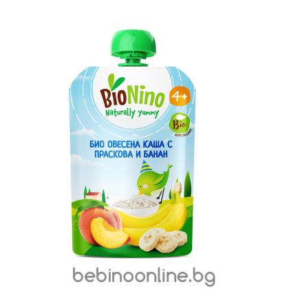 BIO NINO БИО плодова закуска ПАУЧ с овесена каша, праскова и банан 4 +мес. 90гр. 2577