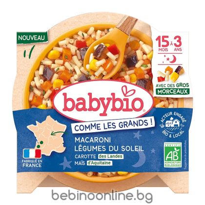 BABYBIO БИО  Меню "Лека нощ" - Макарони, Зеленчуци, Моркови (15+ месеца) – купичка 200г.