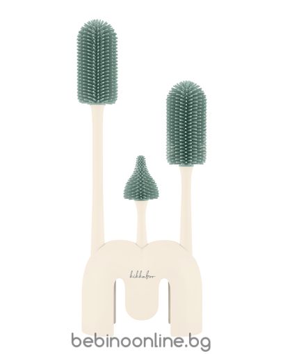 KIKKA BOO Сет четки за шишета 3 бр. с поставка Platinum Silicone Sage  31302050049