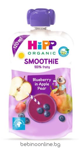 HIPP SMOOTHIE  закуска ябълка и круша с боровинки 12 М+ 120 гр.код 84002