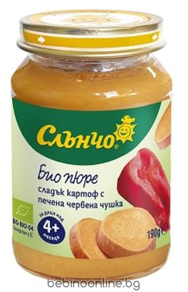 СЛЪНЧО Био пюре от сладък картоф с печена черв. чушка 190 g, за 4+ месеца