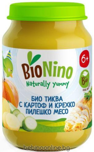 BioNino Био пюре с тиква, картоф, тиквички и пилешко месо 6м+ 190г