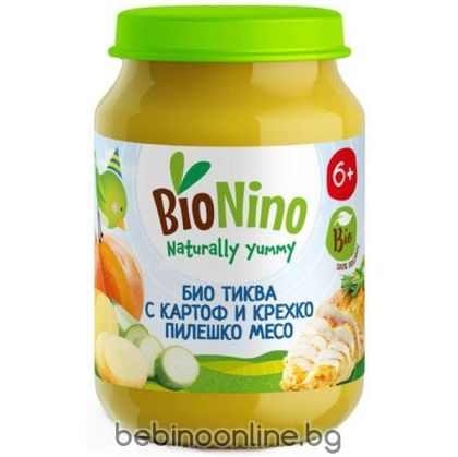 BIO NINO  Био пюре с тиква, картоф, тиквички и пилешко месо 6м+ 190г