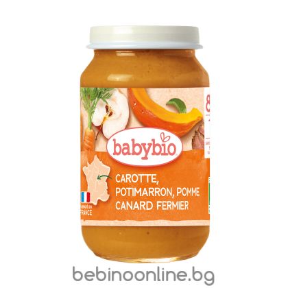 BABYBIO БИО Плодово-зеленчуково пюре - Патешко месо, Моркови, Тиква и Ябълки (8+ месец) - 200гр.