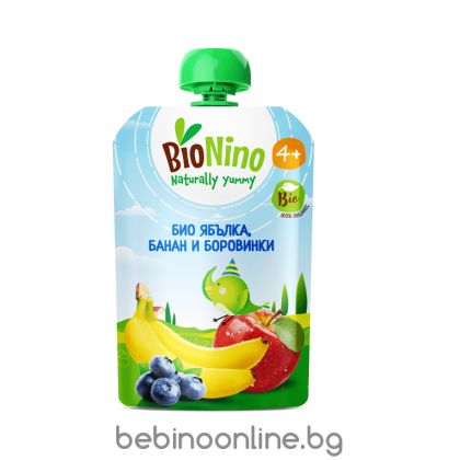 BioNino  БИО плодова закуска с ябълка, банан и боровинки 4 м+ ПАУЧ 90гр.
