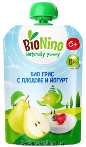 BioNino  БИО  плодова закуска с царевич.грис, плодове и йогурт, 6 м+,ПАУЧ 90гр.