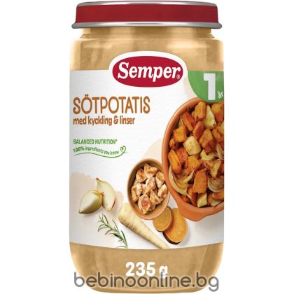 SEMPER  Бебешко пюре със Сладки Картофи, Пиле и Леща, 1 година, 235 г.код 9764