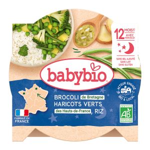 BABYBIO БИО  Меню „Лека нощ“ с Броколи, Зелен фасул, Пащърнак и Ориз, 230г