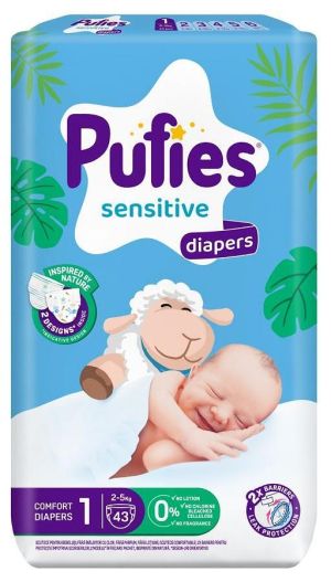 PUFIES SENSITIVE ПЕЛЕНИ  1-New born (2-5 кг)  43 бр./пак. 