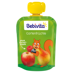 BEBIVITA  плодова закуска ПАУЧ  градински плодове със желязо 12М+ 90 г. 19083