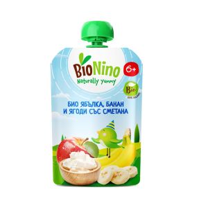 BioNino  БИО  Плодова  закуска ПАУЧ  с ябълка, банан и ягоди със сметана 100г.
