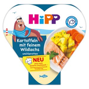 HIPP  БИО БЕБЕШКО МЕНЮ-ПЮРЕ Картофи със сьомга и моркови, пюре, 250 гр.в купичка  код 8655