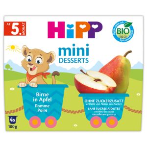 HIPP БИО  бебешко пюре мини -десерт БИО Круша и Ябълка,  4х100гр, 400 гр. код 5800