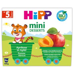 HIPP бебешко пюре мини-десерт Кайсия и Ябълка (5+ месеца), 4×100 г.код 5816