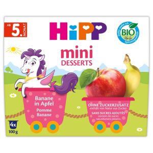 HIPP бебешко пюре мини-десерт Банан и Ябълка (5+ месеца), 4×100 г.код 5820