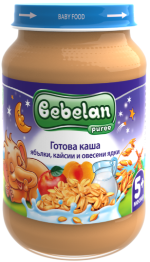 BEBELAN PUREE Мл. каша ябълки, кайсии и овес. ядки 5+м. 190г. 7004