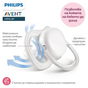 AVENT Ultra Air залъгалки  ортодонтски, силикон, 0–6 м., 2 бр., дизайн папагал/пеперуда, в кутия за стерилизиране 0644.001
