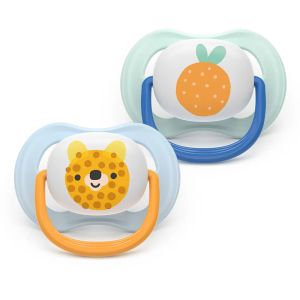 AVENT Ultra Air Happy залъгалки ортодонтски, силикон, 0-6м, с дизайн мече/портокал, в кутия за стерилизиране 0637.001  