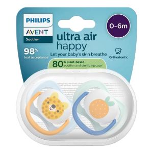 AVENT Ultra Air Happy залъгалки ортодонтски, силикон, 0-6м, с дизайн мече/портокал, в кутия за стерилизиране 0637.001  