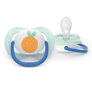 AVENT Ultra Air Happy залъгалки ортодонтски, силикон, 0-6м, с дизайн мече/портокал, в кутия за стерилизиране 0637.001  