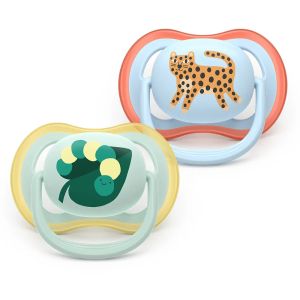 AVENT Ultra Air Happy залъгалки ортодонтски, силикон 0-6м, с дизайн тигър/листо, в кутия за стерилизиране 0642.001