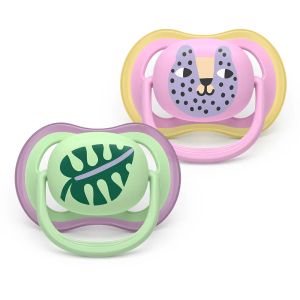 AVENT Ultra Air Happy залъгалки ортодонтски,6-18м, с дизайн коте/листо, в кутия за стерилизиране 0650.001