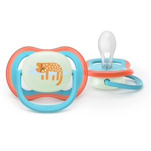 AVENT  Ultra Air NightTime,ортодонтски силиконови залъгалки  18м+, с дизайн маймунка/ленивец , в кутия за стерилизиране 0662.001