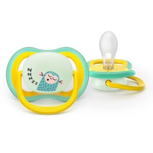 AVENT  Ultra Air NightTime,ортодонтски силиконови залъгалки  18м+, с дизайн маймунка/ленивец , в кутия за стерилизиране 0662.001