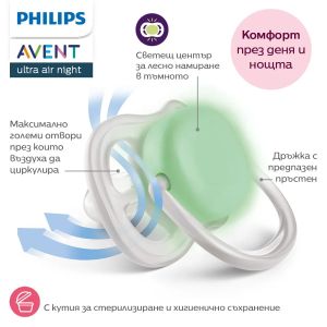 AVENT Ultra Air NightTime,ортодонтски силиконови залъгалки 6-18м., с дизайн ,в кутия за стерилизиране0661.001