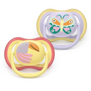 AVENT Ultra Air залъгалки  ортодонтски, силикон, 0–6 м., 2 бр., дизайн папагал/пеперуда, в кутия за стерилизиране 0644.001