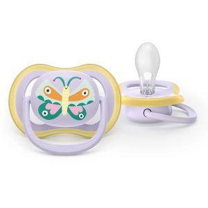 AVENT Ultra Air залъгалки  ортодонтски, силикон, 0–6 м., 2 бр., дизайн папагал/пеперуда, в кутия за стерилизиране 0644.001