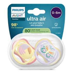 AVENT Ultra Air залъгалки  ортодонтски, силикон, 0–6 м., 2 бр., дизайн папагал/пеперуда, в кутия за стерилизиране 0644.001