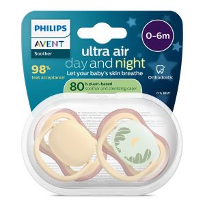 AVENT Ultra Air NightTime,ортодонтски силиконови залъгалки  0-6м, пастелни цветове, унисекс, в кутия за стерилизиране 0646.001 