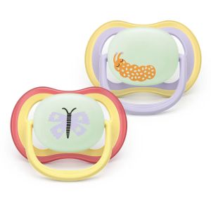 AVENT Ultra Air NightTime,ортодонтски силиконови залъгалки 0-6 м., с дизайн пеперуда/гъсеница, в кутия за стерилизиране 0657.001