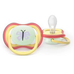 AVENT Ultra Air NightTime,ортодонтски силиконови залъгалки 0-6 м., с дизайн пеперуда/гъсеница, в кутия за стерилизиране 0657.001