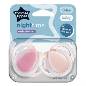 TOMMEE TIPPEE Ортодонтични залъгалки Night Time розово, 2 бр.0-6м    0277