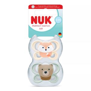 NUK Perfect Match биберон залъгалка, силикон, 0-2 мес., 2 бр., AIR, Лисица/Мече 174.005