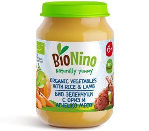 BIO NINO  Био бебешко  пюре Зеленчуци с ориз и агнешко месо 6м+ 190гр. 2355