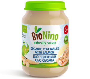 BIO NINO Био бебешко пюре Зеленчуци със сьомга 6м+ ,190г.  2416