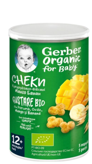 GERBER Organic био царевично - овесен снакс с манго и банан, 35 г, 12м+ 