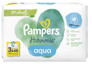 PAMPERS Aqua Harmonie Baby Wipes Бебешки мокри кърпички с капак 3 х 48 бр Комплект