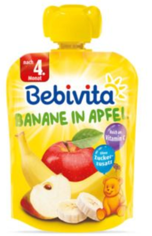 BEBIVITA  плодова закуска  ПАУЧ ябълка с банан 4М+ 90 г. 1406