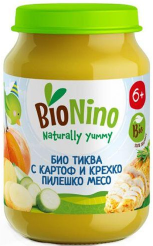 BioNino Био пюре с тиква, картоф, тиквички и пилешко месо 6м+ 190г